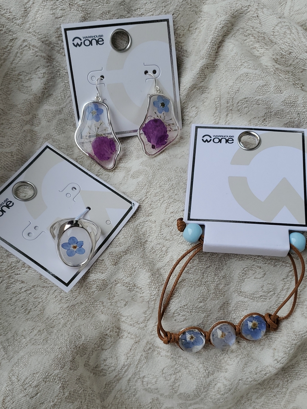 Set Of 3 - Blue Pressed Flower Ring, Earrings, And Bracelet - Warehouse One